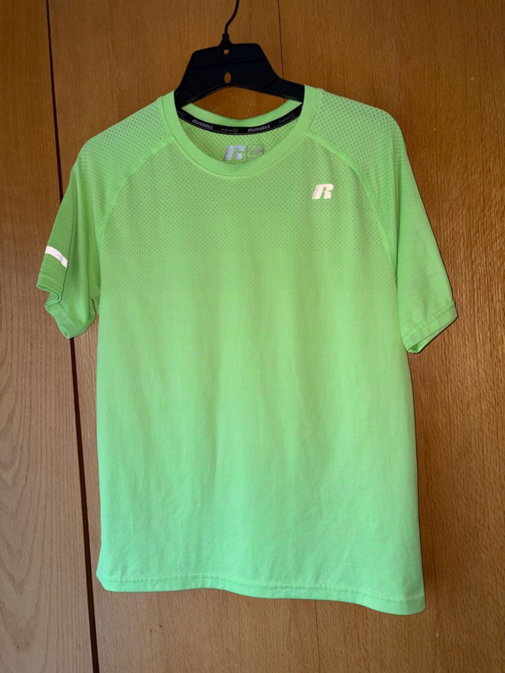 Russell XL boy’s neon green perforated mesh athletic shirt reflective detail EUC